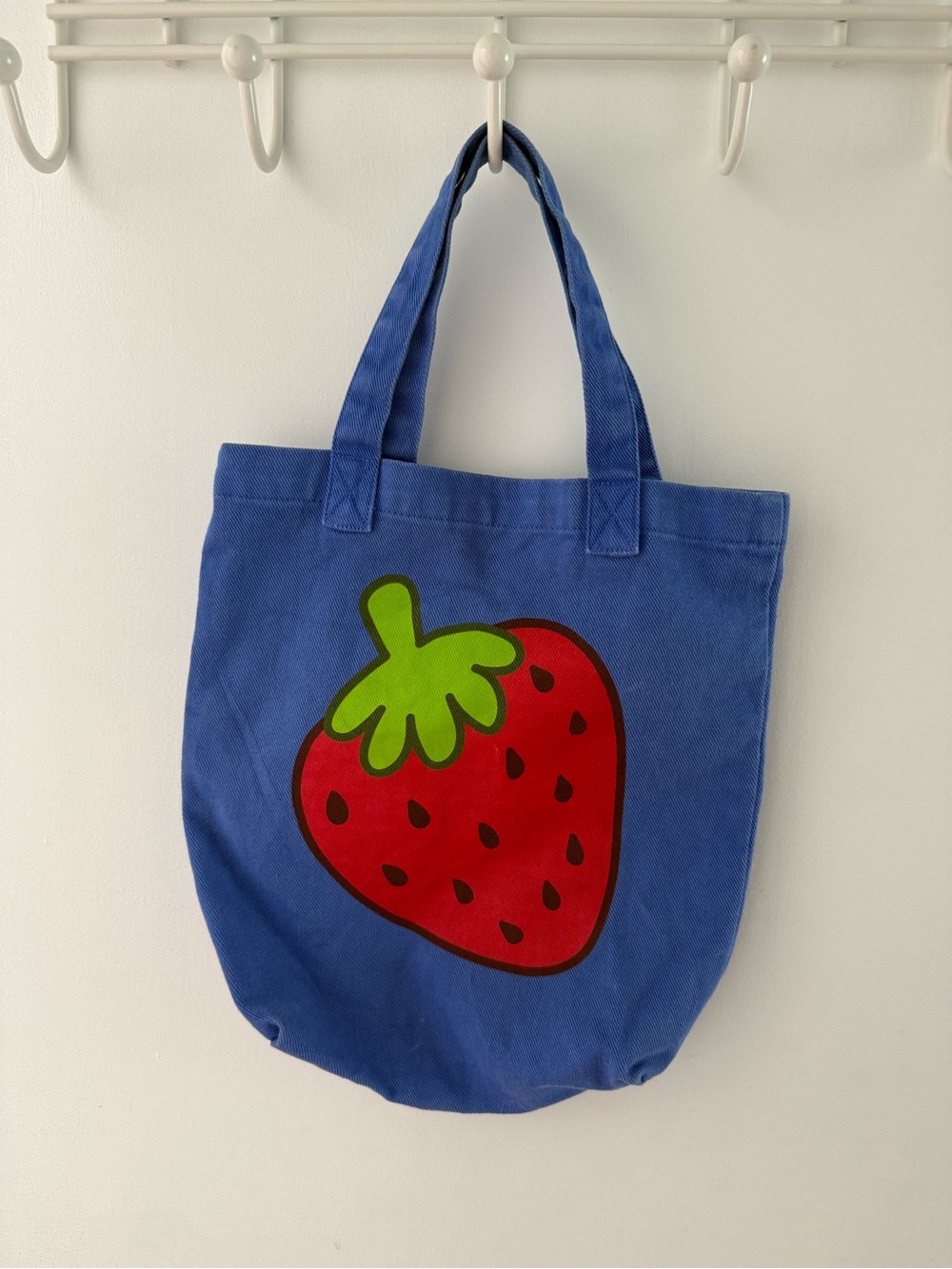 Big Bud Press Blue Canvas Tote Bag with Red Strawberry Graphic